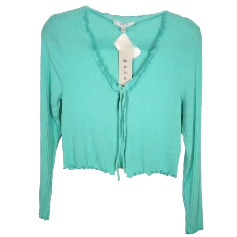 NWT Gaze Ribbed Cropped Cardigan Tie Front Stretch Green Top Medium NEW